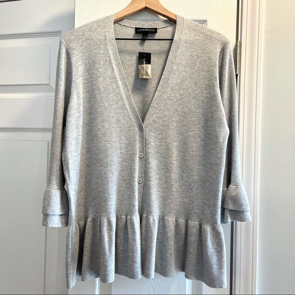 Lane Bryant Ruffled Cardigan Sweater 3/4 Length Sleeves Grey Women’s Size 14/16